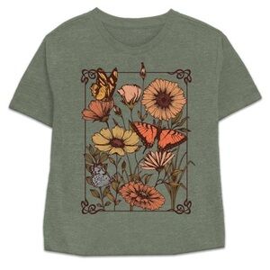 Vintage Sage Green Fifth Sun Floral Butterfly Boho Graphic Acid Wash Crop Tshirt